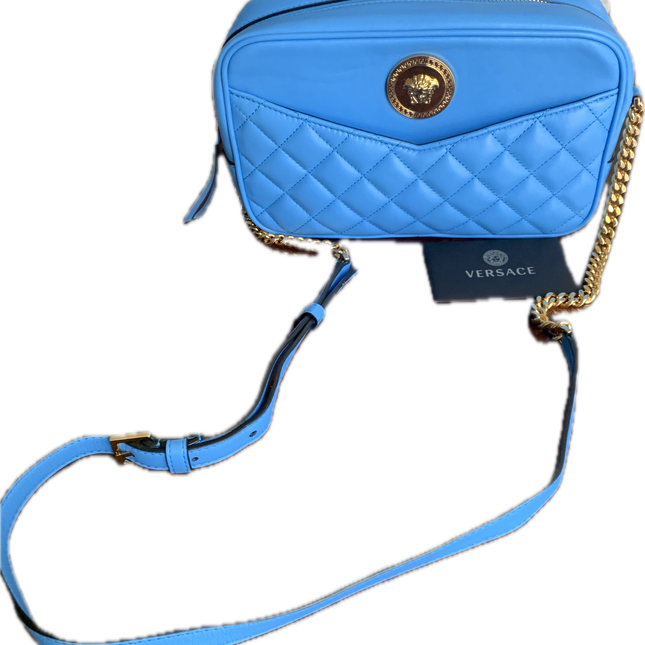 Versace La Medusa Blue Quilted Camera Crossbody Bag.