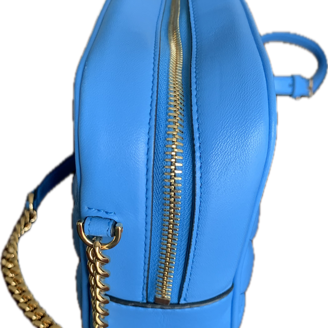 Versace La Medusa Blue Quilted Camera Crossbody Bag.