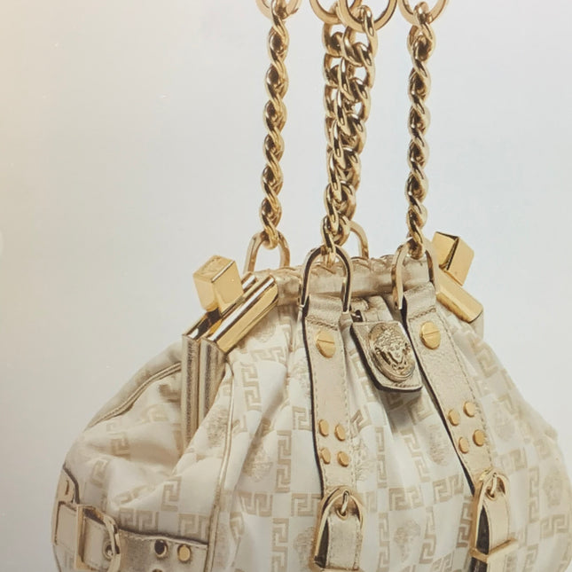 Versace Jacquard Logo Luxury Handbag With Chain Link And Leather Accent.