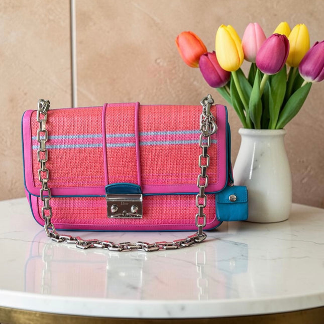 Christian Dior Raffia and Leather Miss Dior Flap Handbag