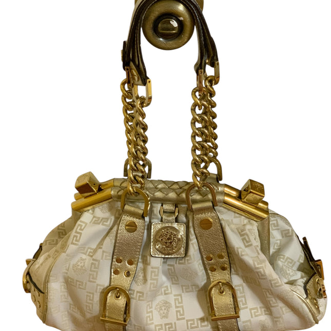 Versace Jacquard Logo Luxury Handbag With Chain Link And Leather Accent.