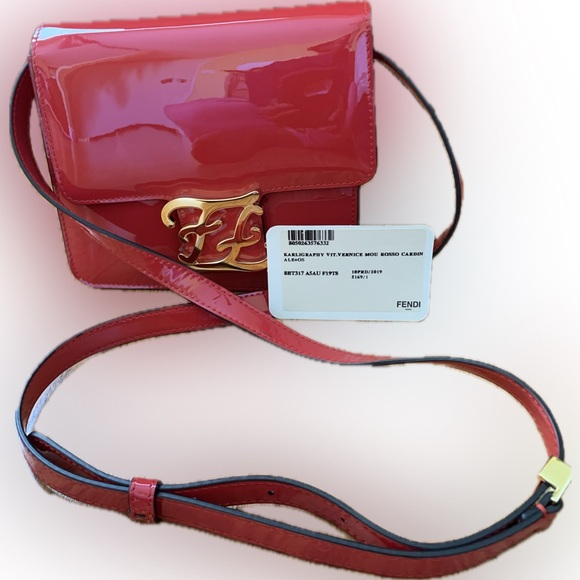 Fendi Karligraphy Red Patent Leather Crossbody Bag. PRISTINE CONDITION