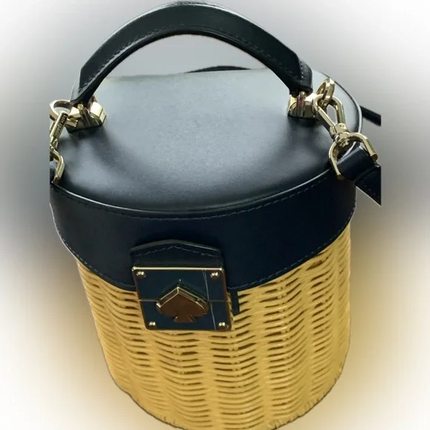 Kate Spade Rumi Medium Trunk Bucket Bag In Navy Leather Trim and Natural Wicker