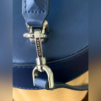 Kate Spade Rumi Medium Trunk Bucket Bag In Navy Leather Trim and Natural Wicker