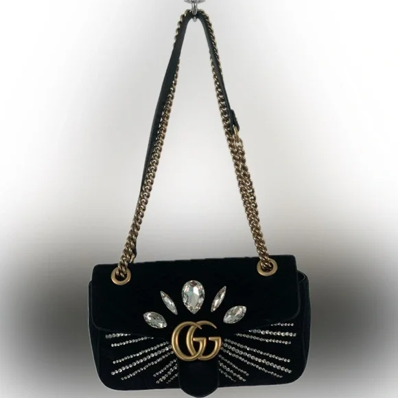 Gucci GG Marmont Crystal Embellished Matelasse Velvet Bag