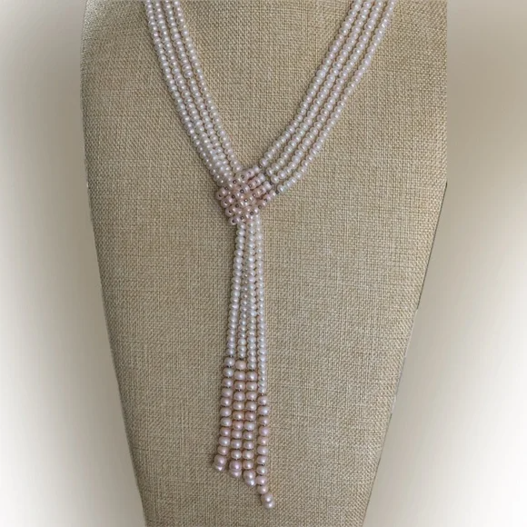 Genuine Vintage White Taupe Cultured Pearls Lariat Sterling Silver Necklace