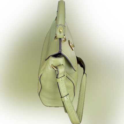 MCM Yellow Green Pebbled Leather Flap Medium Top Handle Bag With Shoulder Strap