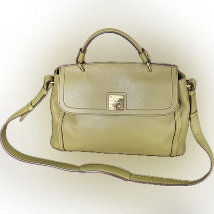 MCM Yellow Green Pebbled Leather Flap Medium Top Handle Bag With Shoulder Strap
