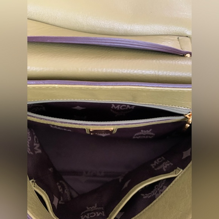 MCM Yellow Green Pebbled Leather Flap Medium Top Handle Bag With Shoulder Strap
